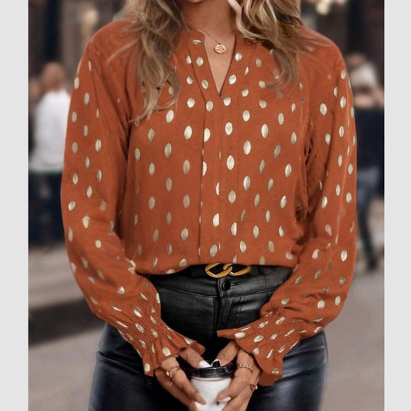 Luxe gold polka dots notched neck long sleeve blouse - Picture 6 of 8